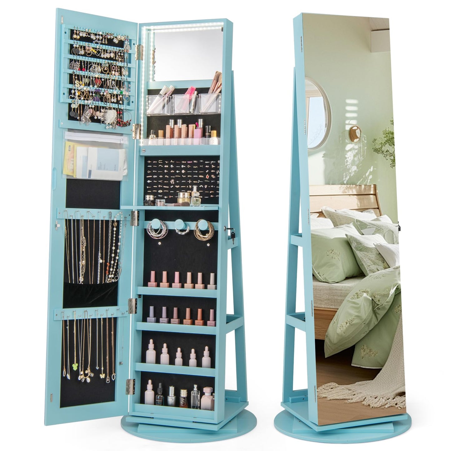 CHARMAID 63.5"H Jewelry Armoire with Full Length Mirror 360 Degree Swivel, 3-Color LED lights