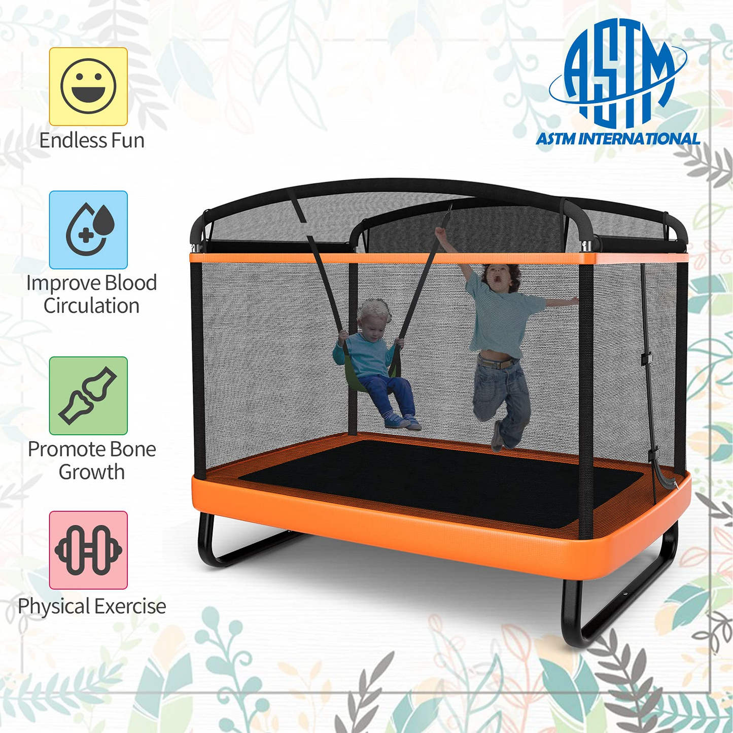 Giantex 6 Ft Kids Trampoline with Swing, Baby Toddler Rectangle Trampoline, Max Load 220lbs (Blue/Orange)
