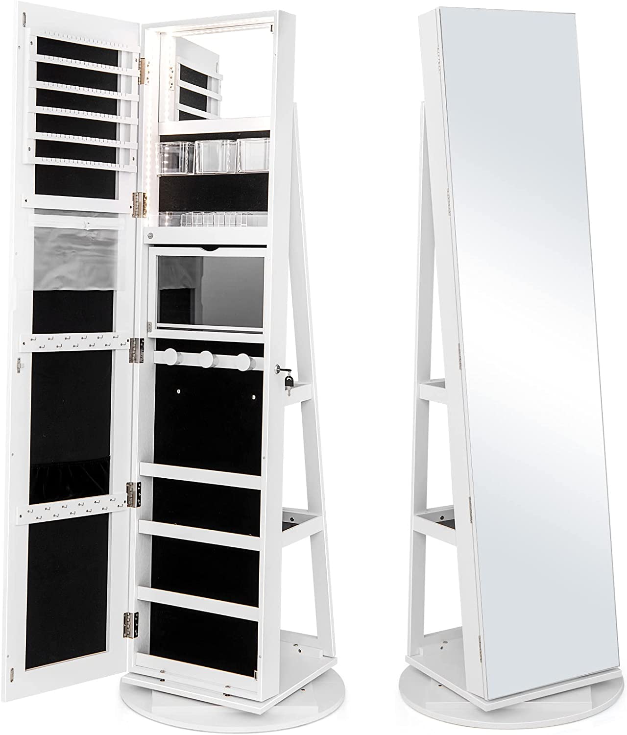 CHARMAID 63.5"H Jewelry Armoire with Full Length Mirror 360 Degree Swivel, 3-Color LED lights