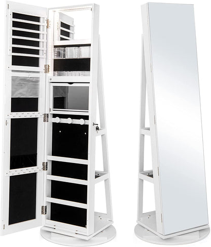 CHARMAID 63.5"H Jewelry Armoire with Full Length Mirror 360 Degree Swivel, 3-Color LED lights