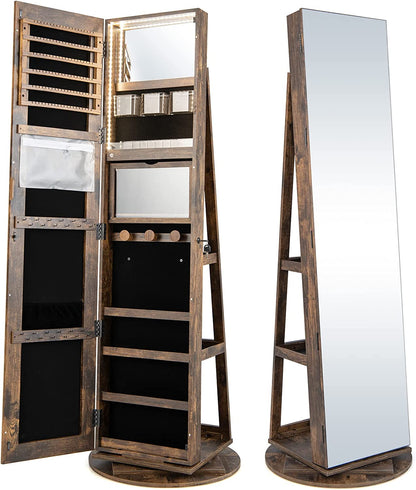 CHARMAID 63.5"H Jewelry Armoire with Full Length Mirror 360 Degree Swivel, 3-Color LED lights