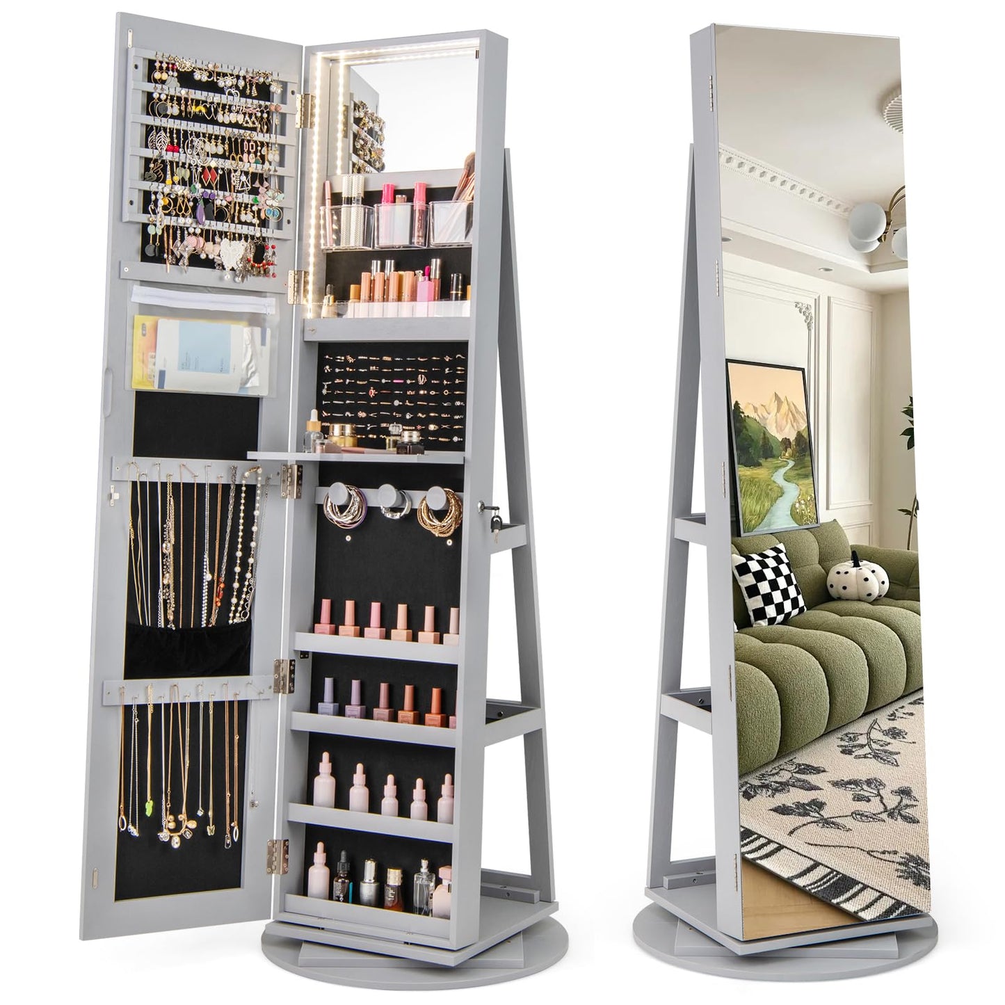 CHARMAID 63.5"H Jewelry Armoire with Full Length Mirror 360 Degree Swivel, 3-Color LED lights
