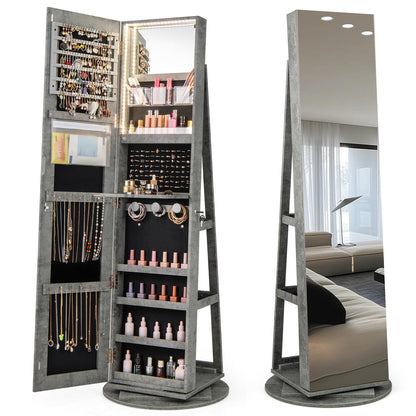 CHARMAID 63.5"H Jewelry Armoire with Full Length Mirror 360 Degree Swivel, 3-Color LED lights