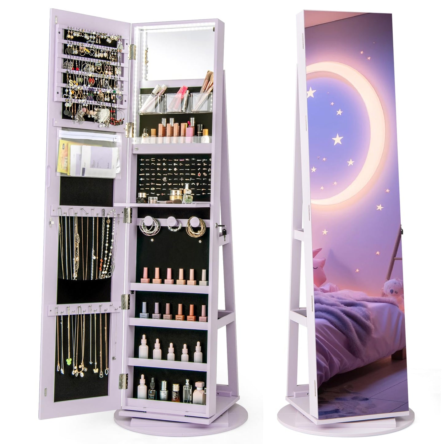 CHARMAID 63.5"H Jewelry Armoire with Full Length Mirror 360 Degree Swivel, 3-Color LED lights