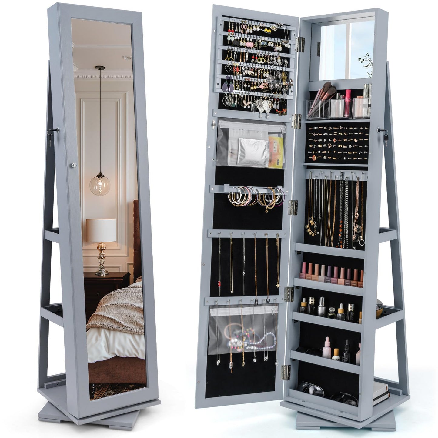 CHARMAID | 360-degree Rotating Jewelry Armoire with Higher Full Length Mirror