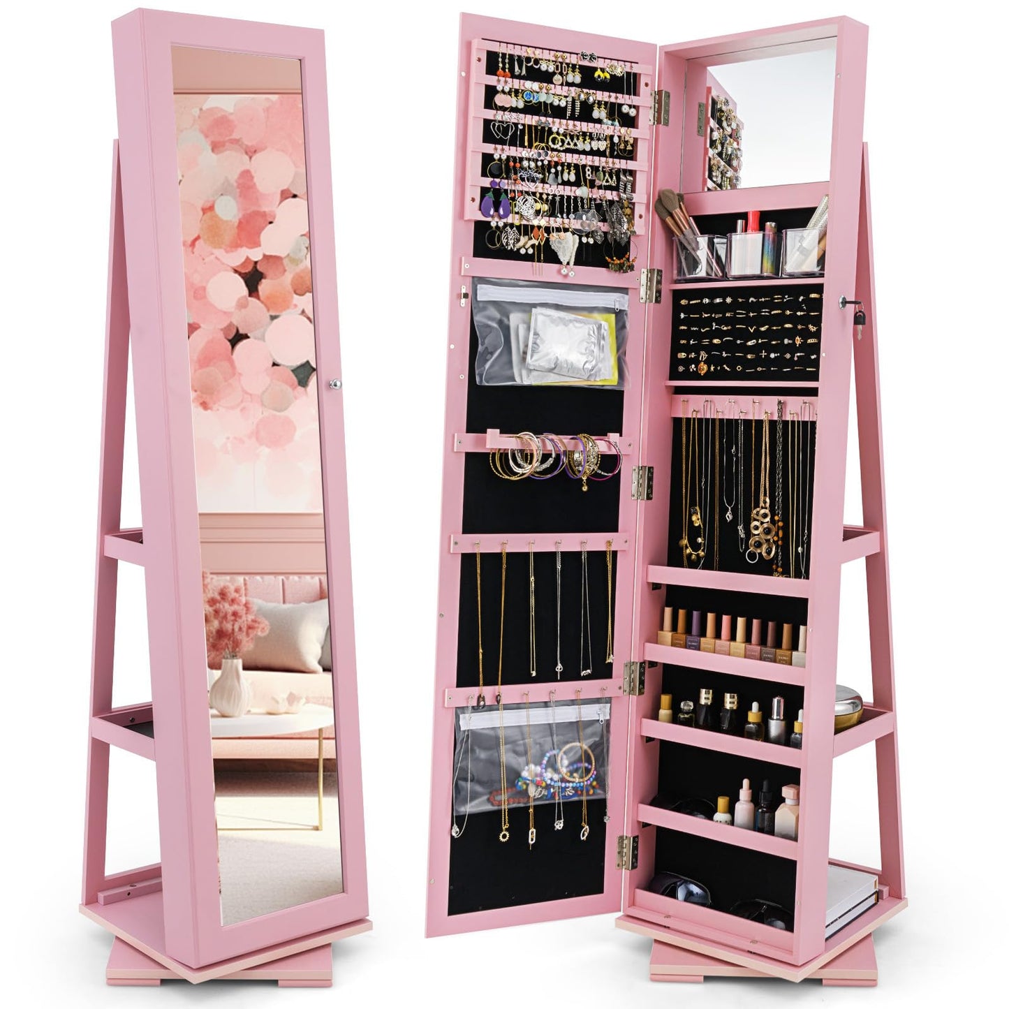 CHARMAID | 360-degree Rotating Jewelry Armoire with Higher Full Length Mirror