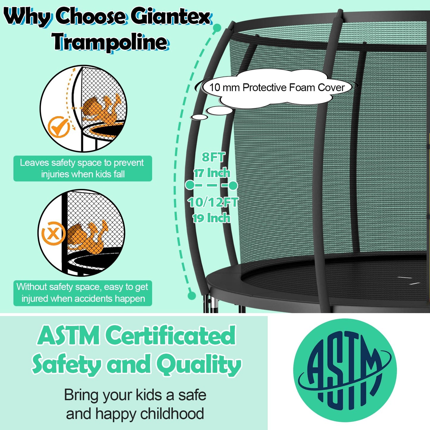 Giantex 8FT 10FT 12FT Trampoline with Enclosure, ASTM Approved Outdoor Large Trampoline with Ladder